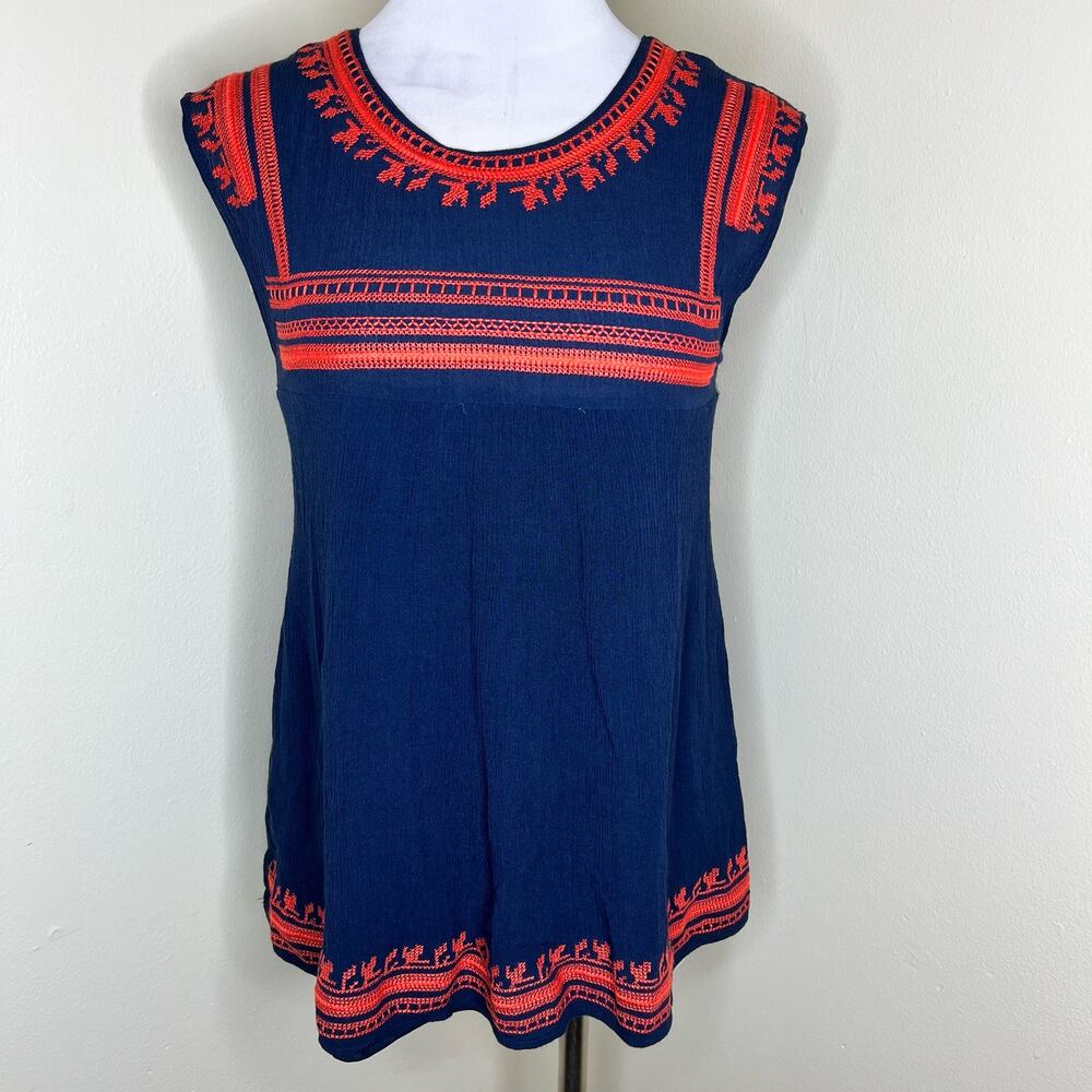 Entro Top Small Womens Blue Orange Embroidered Crinkle Gauze Rayon Boho Blouse